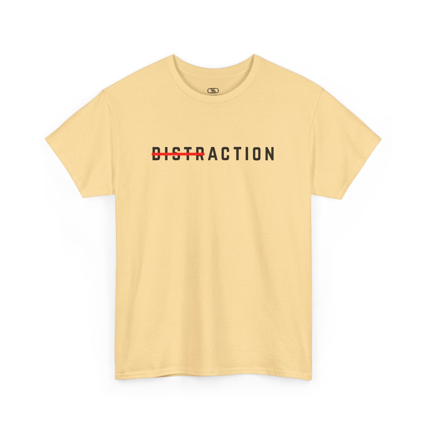 A minimalist t-shirt featuring the word "Distraction" with the 'Dist' part crossed out, emphasizing the word 'Action' in a bold font. [Yellow Haze T-Shirt]
