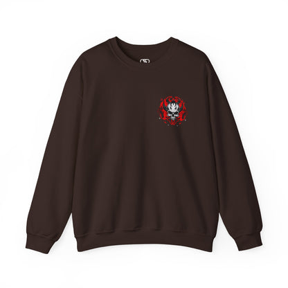 A dark brown Sweater with a gothic skull design, red ghostly aura, and "Ego Death" text for spiritual rebirth.
