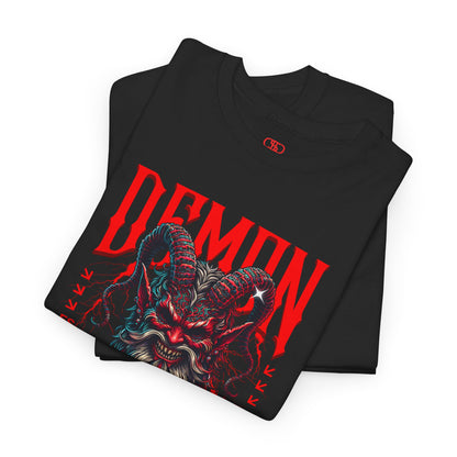 A folded black t-shirt featuring a Red horned demon head with "Demon Wrath" text and lightning, gothic horror t-shirt design