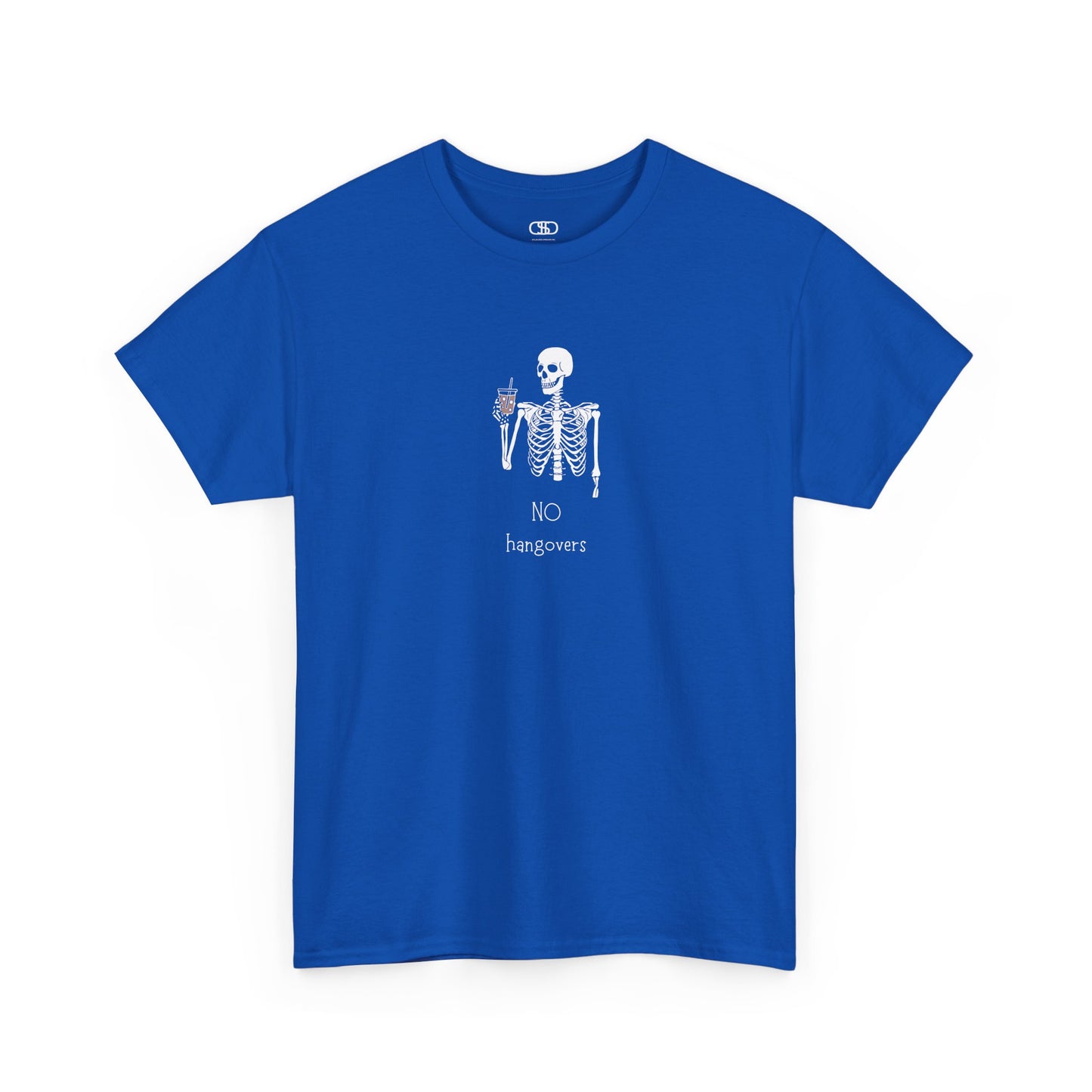 A neon blue T-shirt with a skeleton holding a drink graphic and "No Hangovers" text.