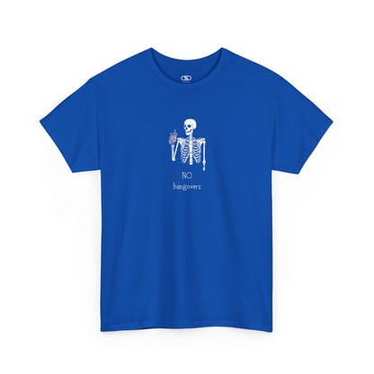 A neon blue T-shirt with a skeleton holding a drink graphic and "No Hangovers" text.