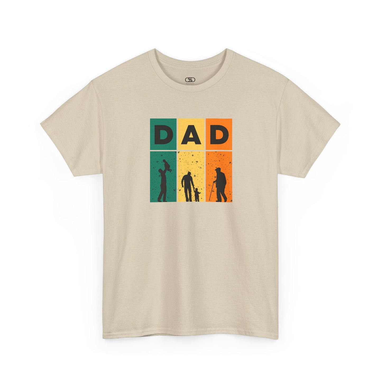 A sand T-shirt with "DAD" letters, each letter showing a different stage of a father's life (lifting child, walking with child, old age).