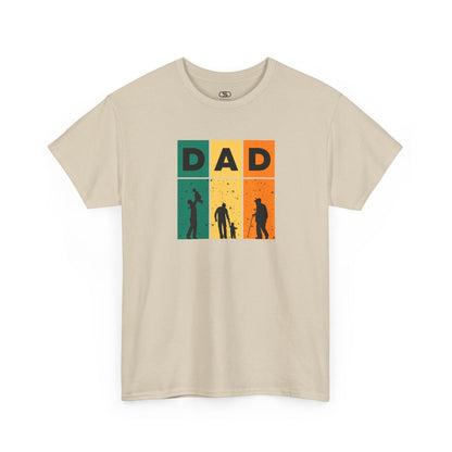 A sand T-shirt with "DAD" letters, each letter showing a different stage of a father's life (lifting child, walking with child, old age).
