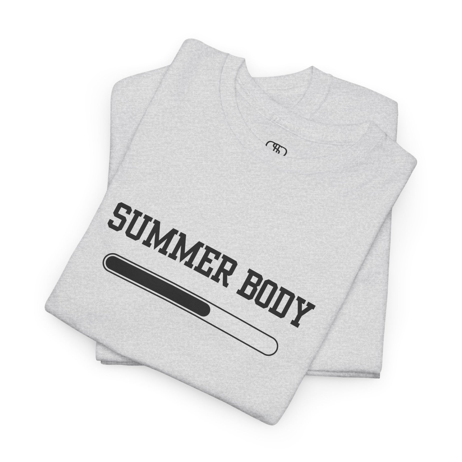 A folded Ash Gray t-shirt with a loading bar and “Summer Body” on the front and “I left my summer body at home I prefer not to show off” on the back.