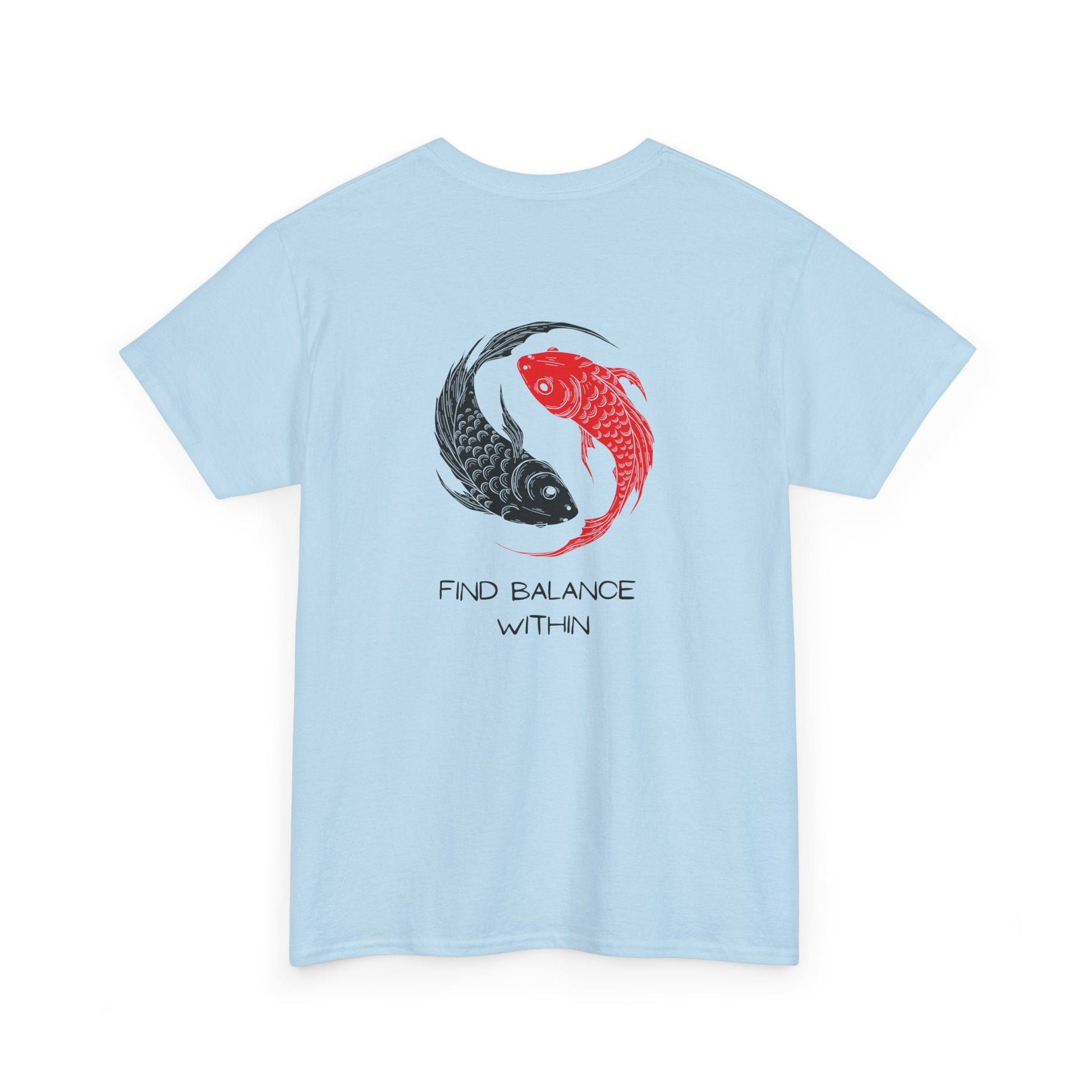  Back of a t-shirt showing two swimming koi fish in red and black, arranged in a harmonious circle above the words "find balance within."