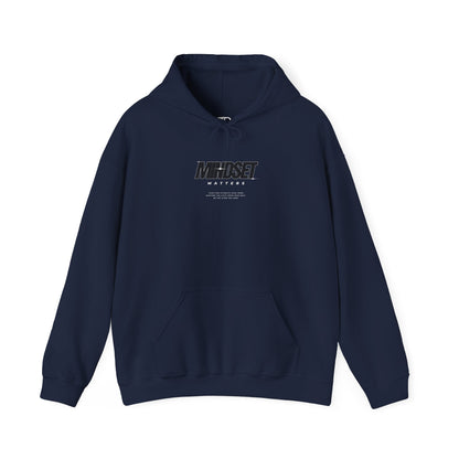 A navy Blue hoodie "Mindset Matters" text with stars on hoodie, with an inspirational quote below.