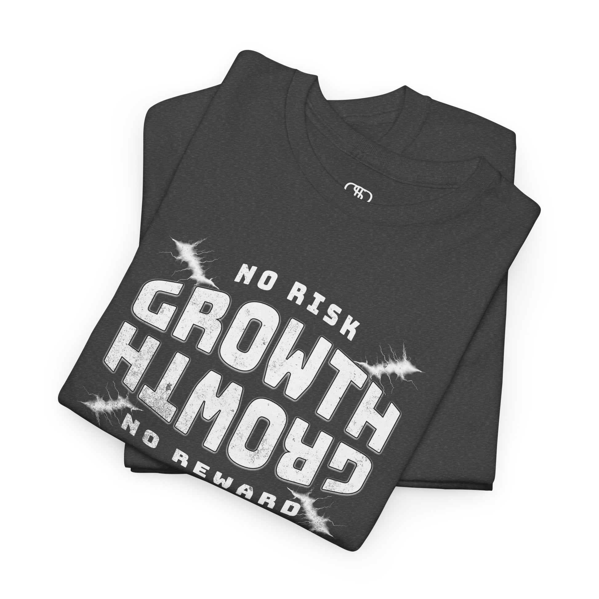 A folded heather gray distressed t-shirt "No Risk Growth No Reward" text on black t-shirt with splatters.