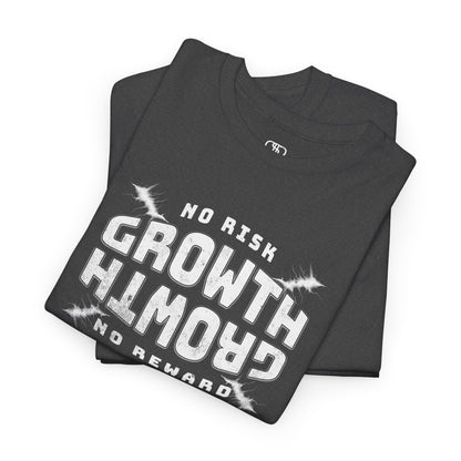 A folded heather gray distressed t-shirt "No Risk Growth No Reward" text on black t-shirt with splatters.