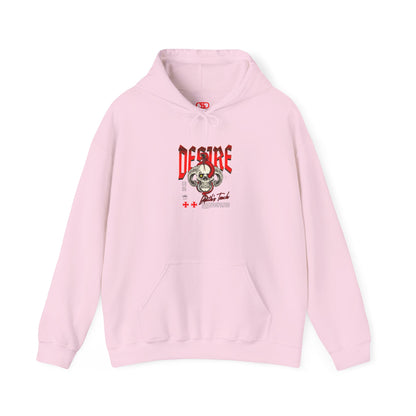 A light pink hoodie featuring a Horned skull with glowing eye and red snake wrapped around it, "Desire Death's Touch" text, gothic hoodie design.