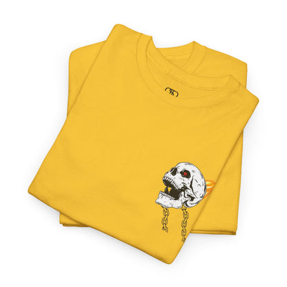 Folded Yellow T-shirt with a daring skeleton graphic, red glowing eye, chains forming wings, and a flame background.