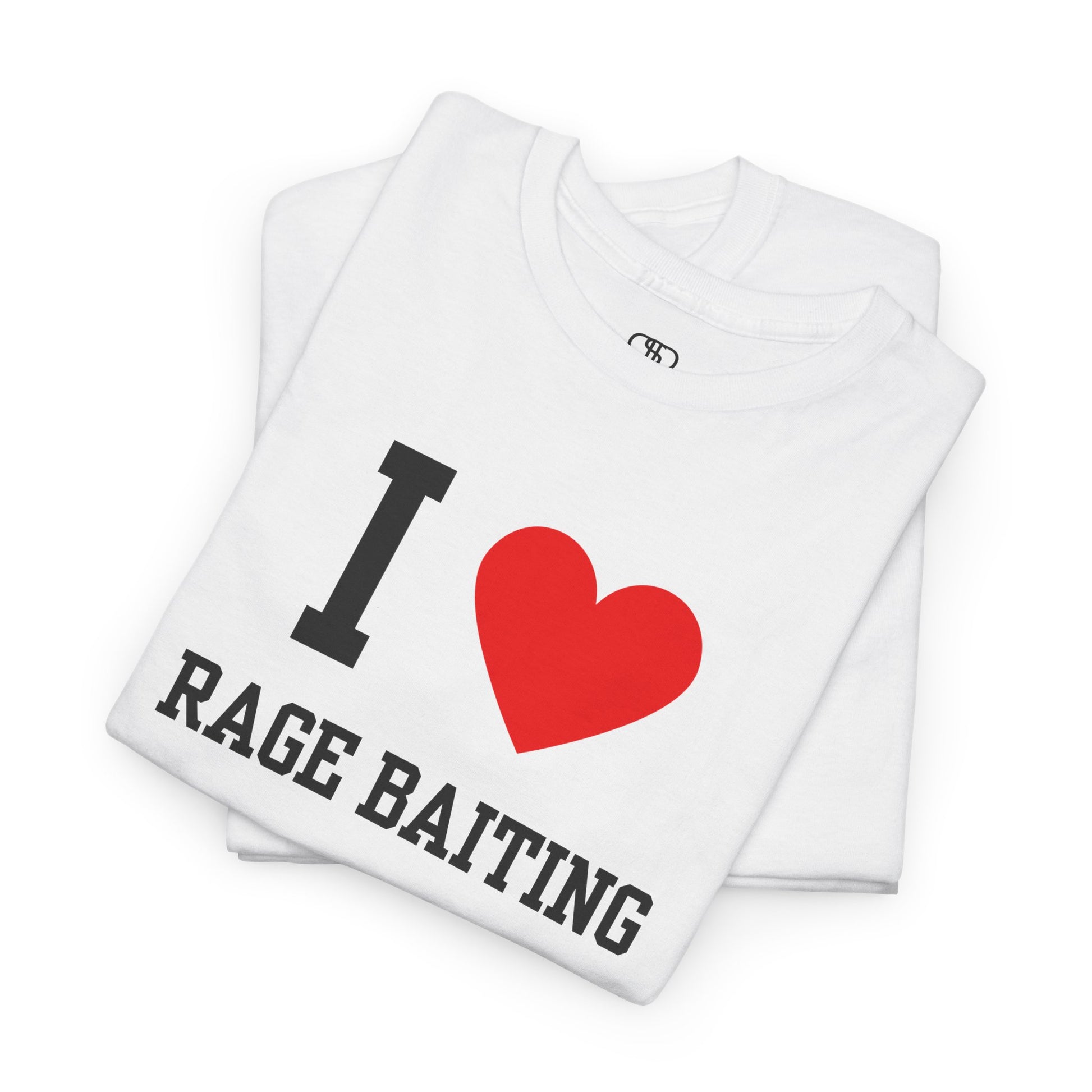 A folded white t-shirt featuring the classic "I Love" graphic style with the text "I," a red heart, and the words "Rage Baiting" below it.