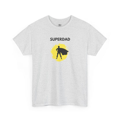 An ash gray T-shirt with a "Superdad" text and a silhouette of a person with a cape on a yellow circle background.
