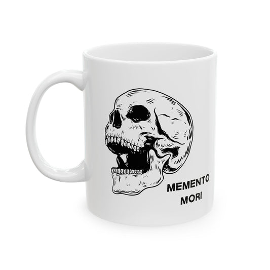  A white ceramic mug with a daring skull design and the words 'Memento Mori' printed on the side.
