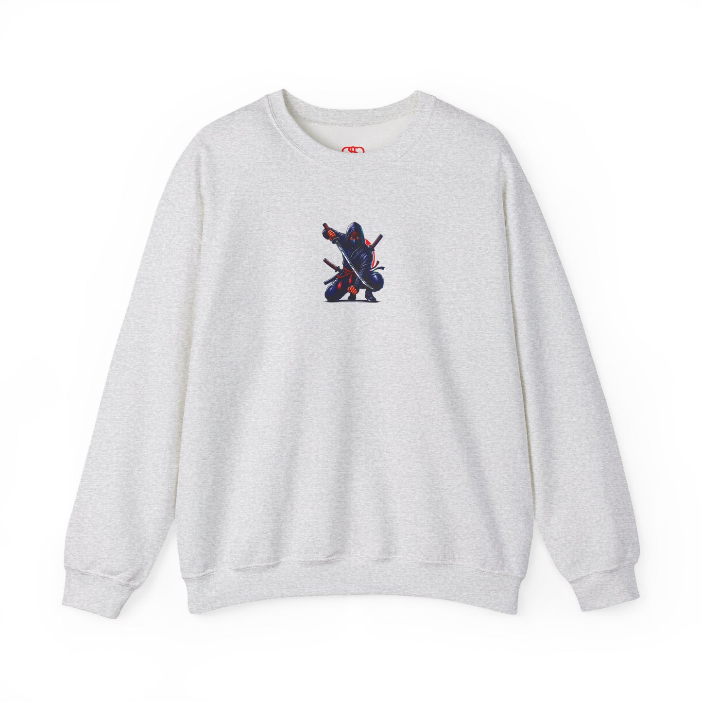 An ash gray sweatshirt featuring a Crouching ninja with two katanas and "Bushido" text, red and black Japanese-inspired sweatshirt design.