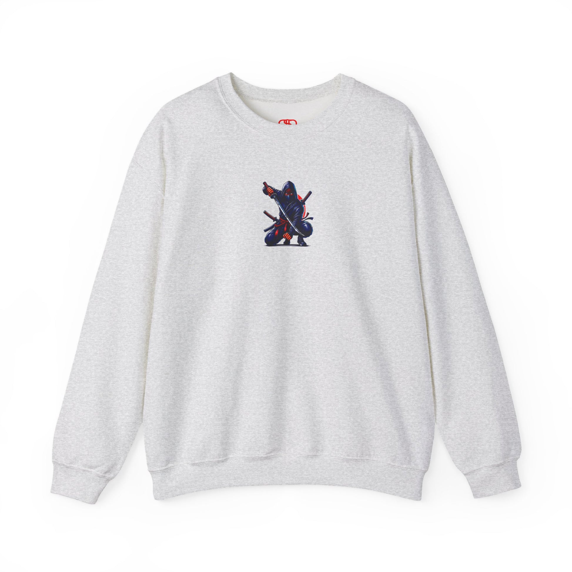 An ash gray sweatshirt featuring a Crouching ninja with two katanas and "Bushido" text, red and black Japanese-inspired sweatshirt design.