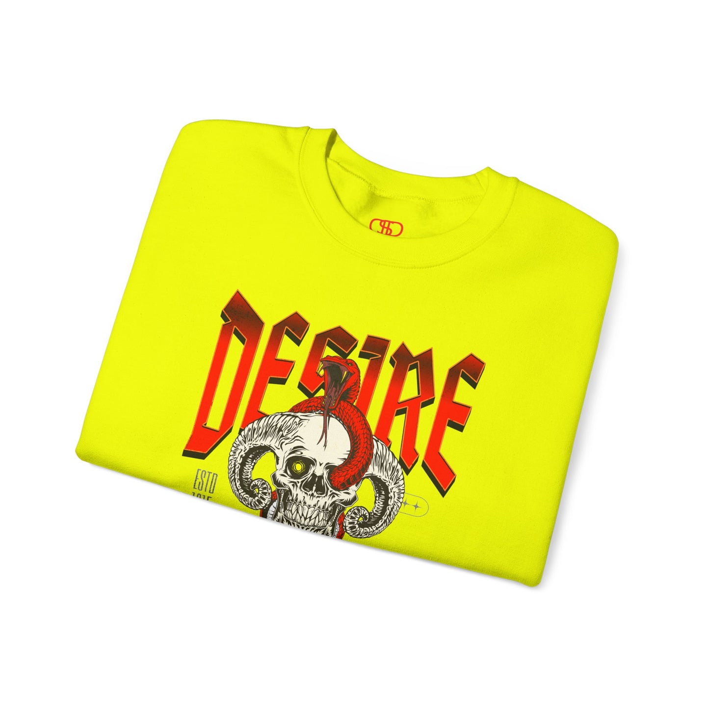 A folded safety green sweatshirt Horned skull with glowing eye and red snake wrapped around it, "Desire Death's Touch" text, gothic sweatshirt design.