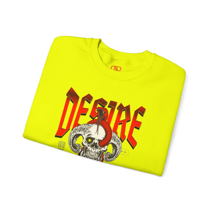 A folded safety green sweatshirt Horned skull with glowing eye and red snake wrapped around it, "Desire Death's Touch" text, gothic sweatshirt design.