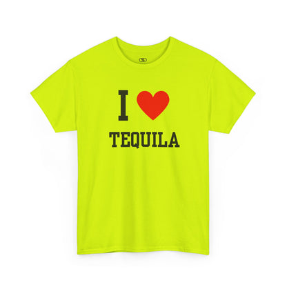 A safety green t-shirt displaying the iconic "I Love" design, with the text "I," followed by a red heart symbol, and the word "Tequila" printed underneath.