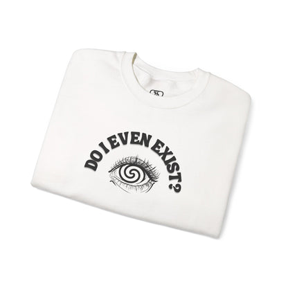 A folded white sweatshirt with a graphic print of a detailed, realistic eye that contains an optical illusion of a spiral. The text "Do I even Exist?" is printed above the eye in a clean font.