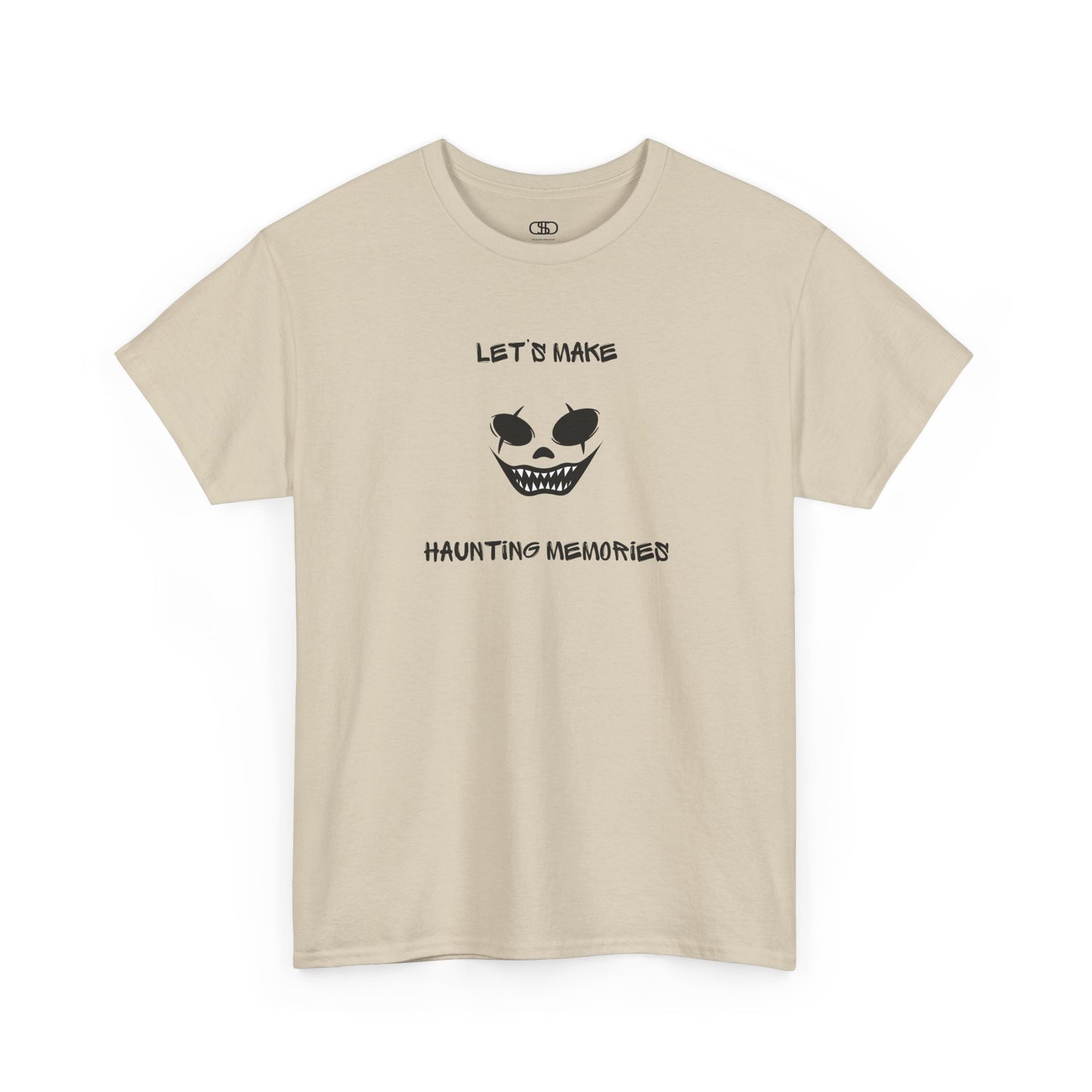 A Sand T-shirt with a daring clown graphic with sharp teeth and scars, and "Let’s Make Haunting Memories" text.