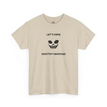 A Sand T-shirt with a daring clown graphic with sharp teeth and scars, and "Let’s Make Haunting Memories" text.