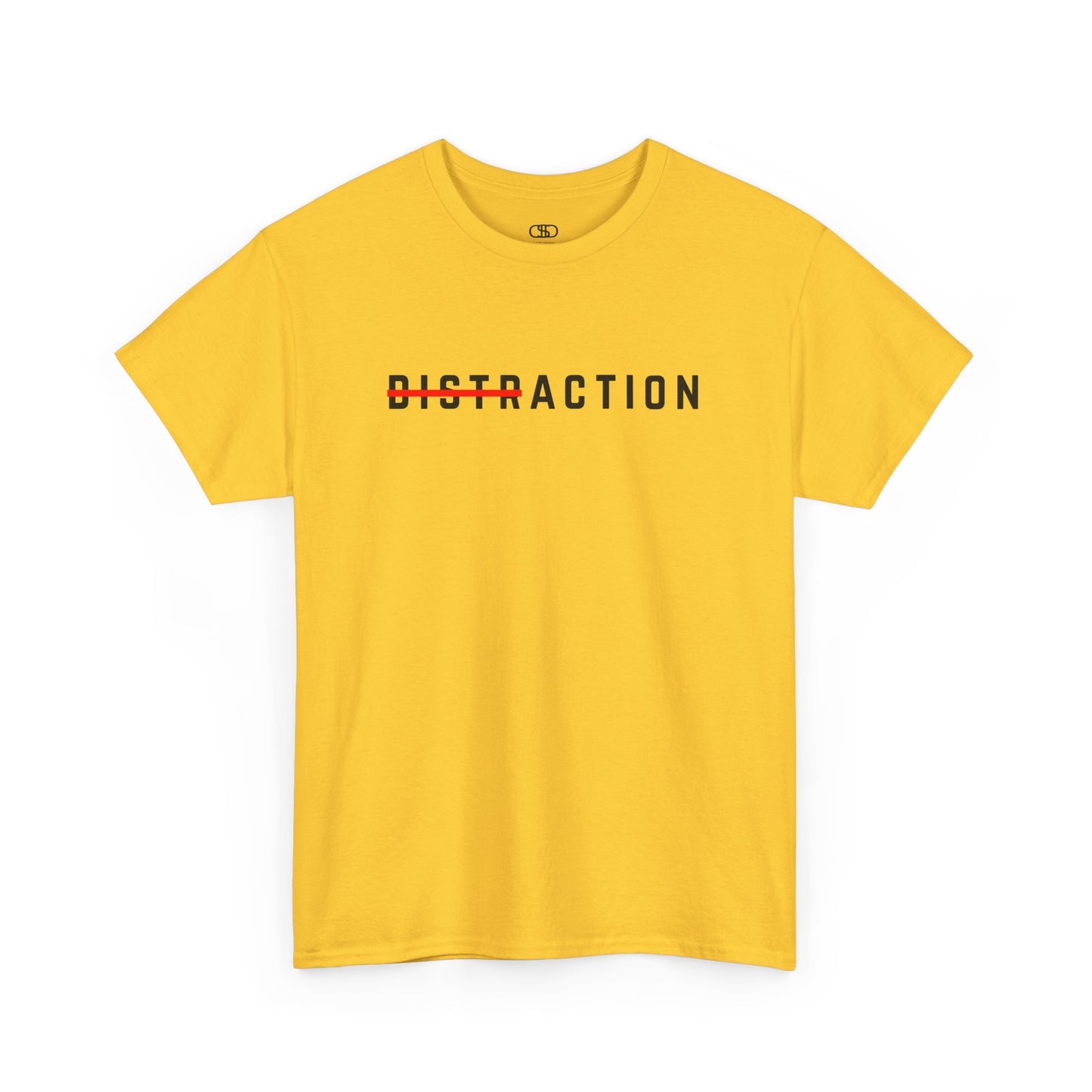 A minimalist t-shirt featuring the word "Distraction" with the 'Dist' part crossed out, emphasizing the word 'Action' in a bold font. [Yellow T-Shirt]
