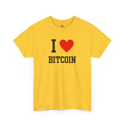 A classic t-shirt design showing the text "I," love ( with a heart) graphic, and the word "Bitcoin" in a bold font.