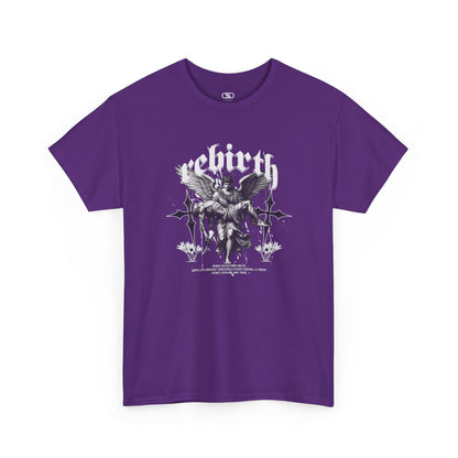 A purple T-shirt featuring a Angel carrying a figure with "Rebirth" text, white and black gothic spiritual art t-shirt.