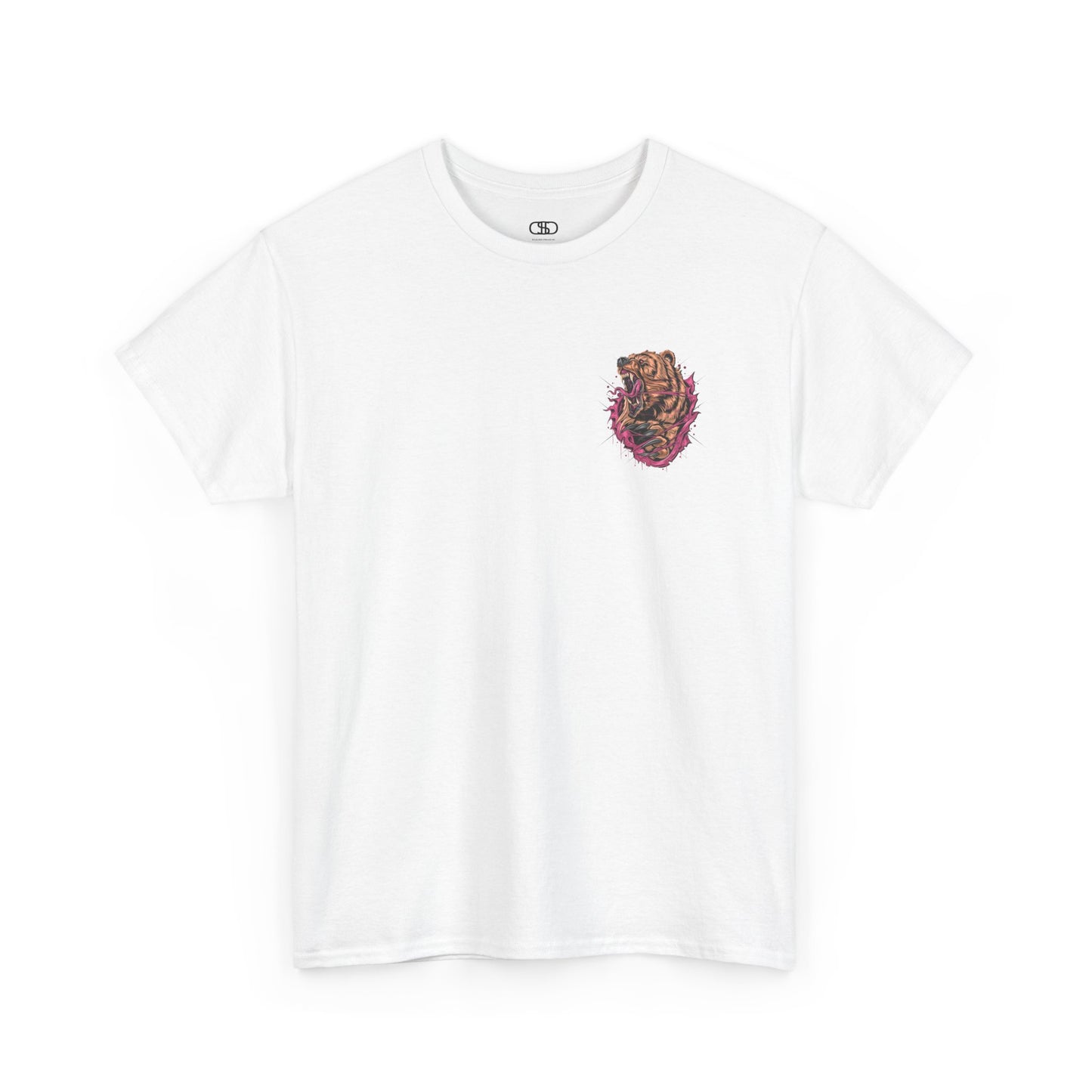 A white T-shirt with a graphic of a raging bear ripping through the fabric, growling, with claws out and red eyes.