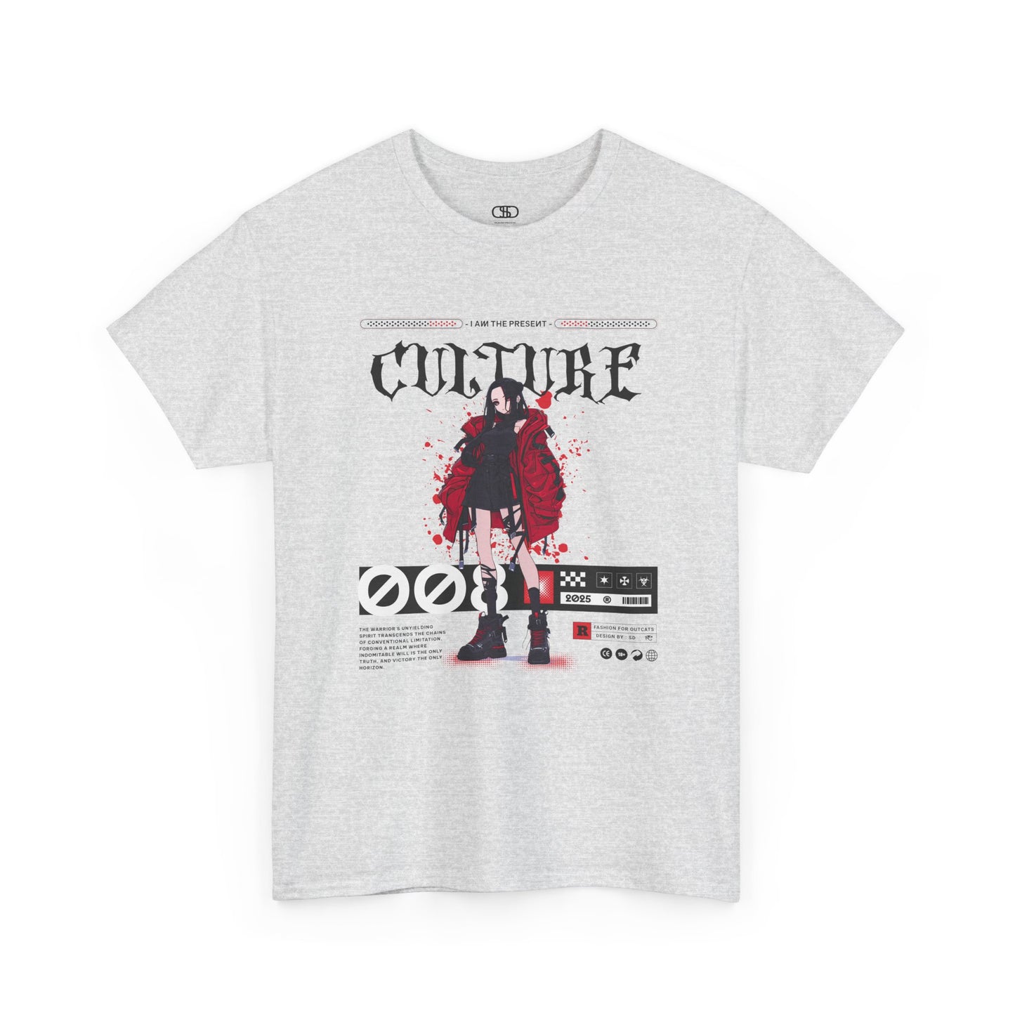 An ash gray T-shirt with a futuristic female anime character, "I Am The Present" and "Culture" text, and an inspirational memo.