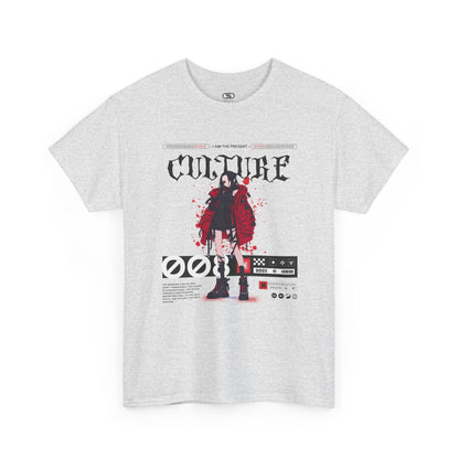 An ash gray T-shirt with a futuristic female anime character, "I Am The Present" and "Culture" text, and an inspirational memo.
