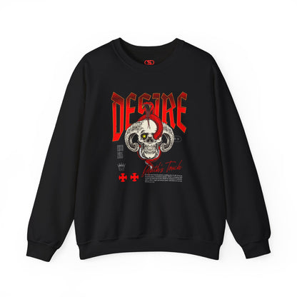 A black sweatshirt Horned skull with glowing eye and red snake wrapped around it, "Desire Death's Touch" text, gothic sweatshirt design.