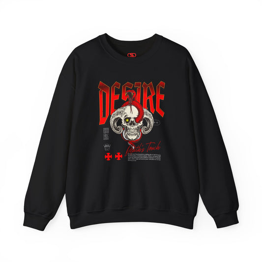 A black sweatshirt Horned skull with glowing eye and red snake wrapped around it, "Desire Death's Touch" text, gothic sweatshirt design.
