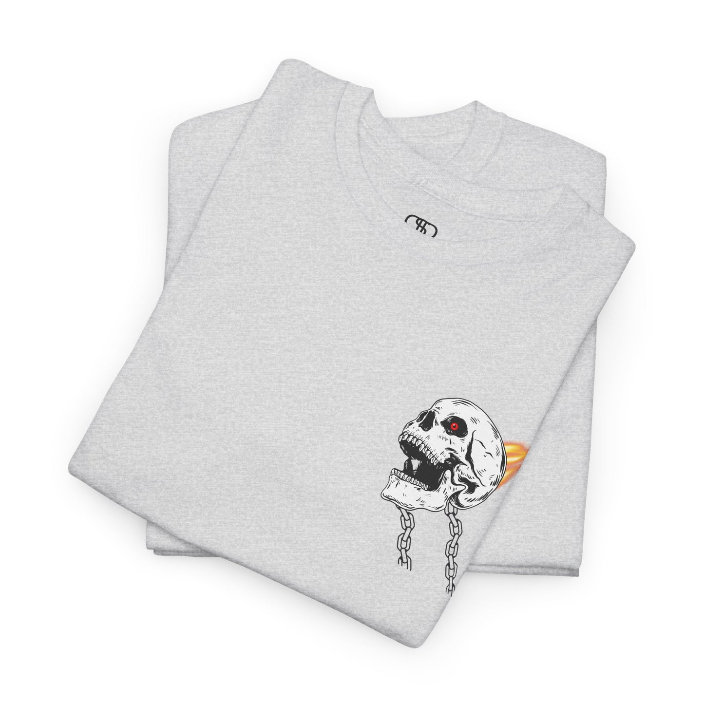 A folded ash T-shirt with a daring skeleton graphic, red glowing eye, chains forming wings, and a flame background