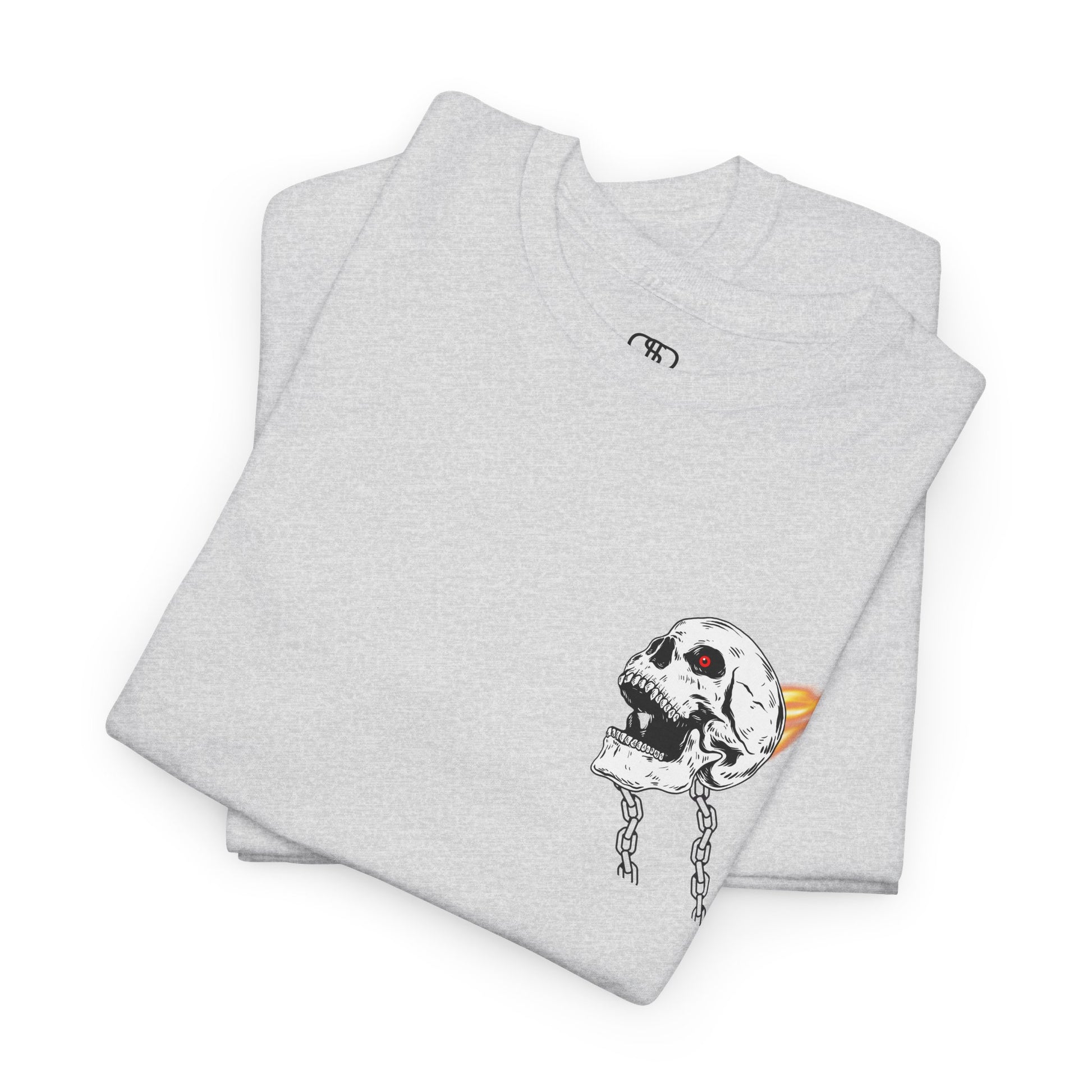 A folded ash T-shirt with a daring skeleton graphic, red glowing eye, chains forming wings, and a flame background