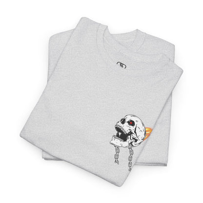 A folded ash T-shirt with a daring skeleton graphic, red glowing eye, chains forming wings, and a flame background