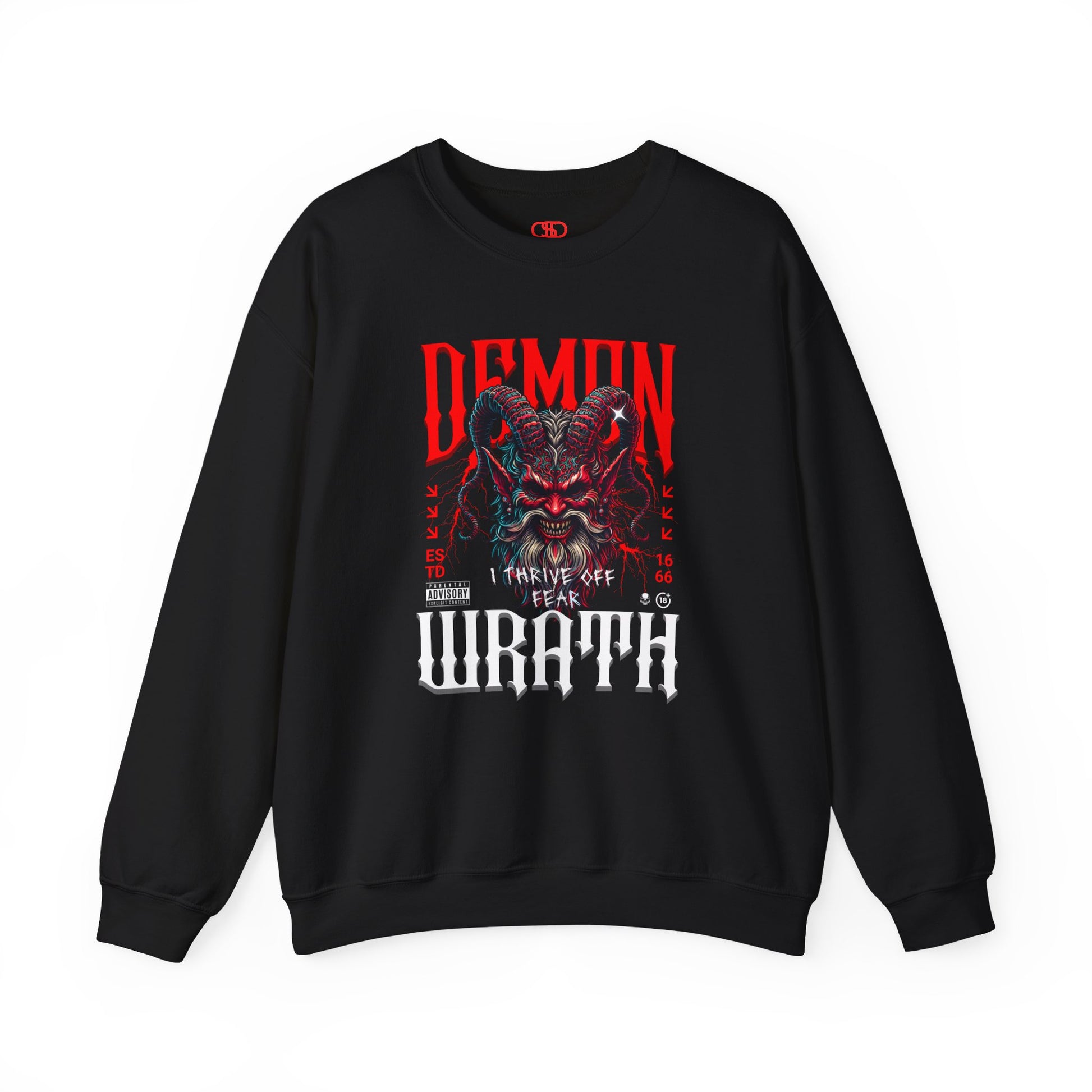 A black sweater featuring a Red horned demon head with "Demon Wrath" text and lightning, gothic horror apparel design.