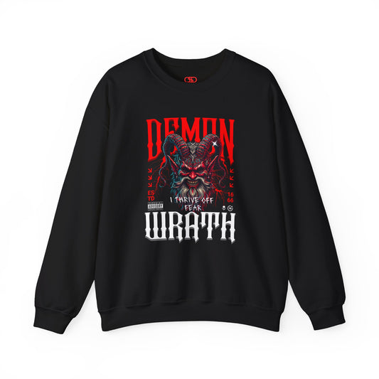 A black sweater featuring a Red horned demon head with "Demon Wrath" text and lightning, gothic horror apparel design.