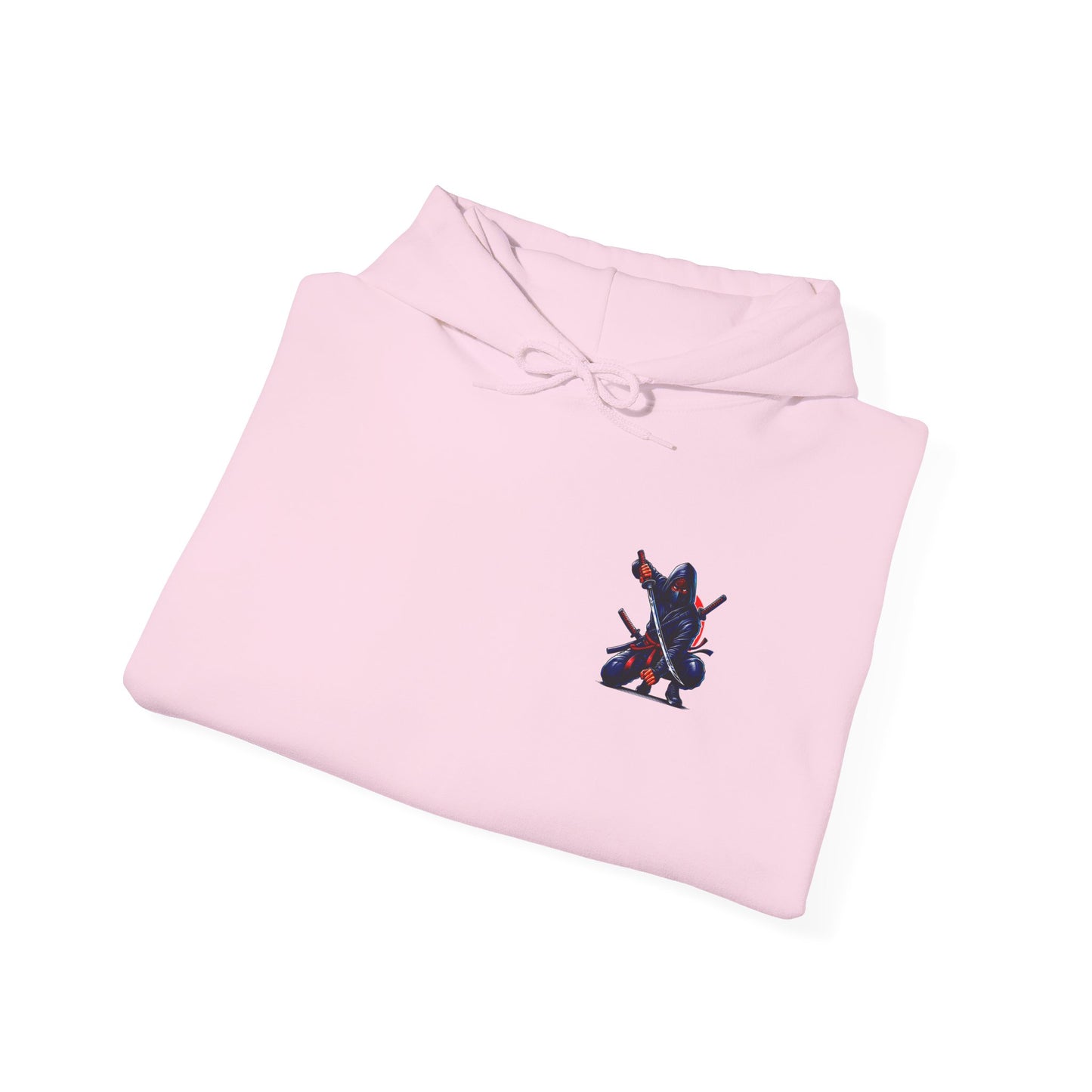 A light pink folded hoodie featuring a Crouching ninja with two katanas and "Bushido" text, red and black Japanese-inspired hoodie design.