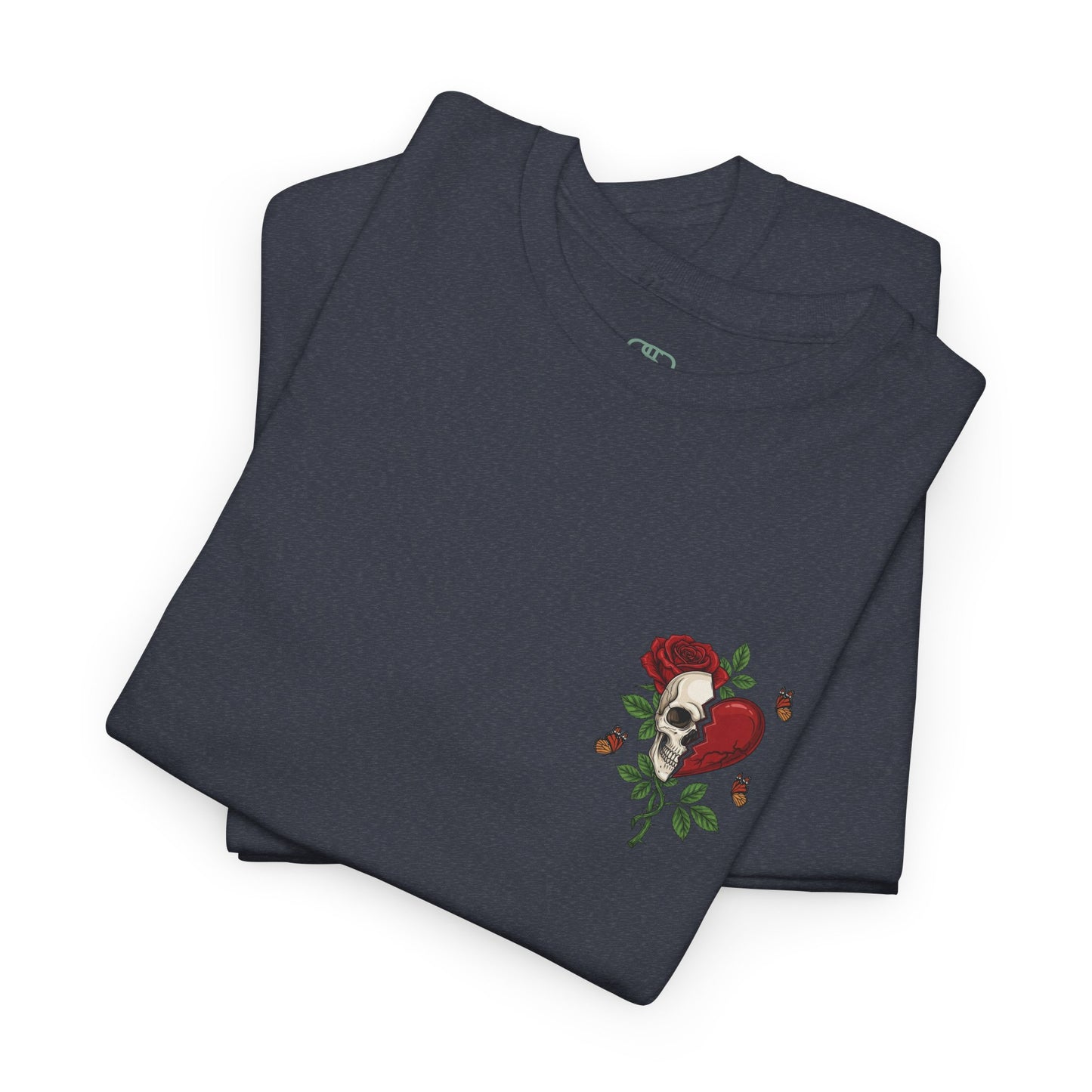 A folded heather gray t-shirt with a front design of a half skull, half broken heart, and a rose. The back reads "Gym Heals" in red.