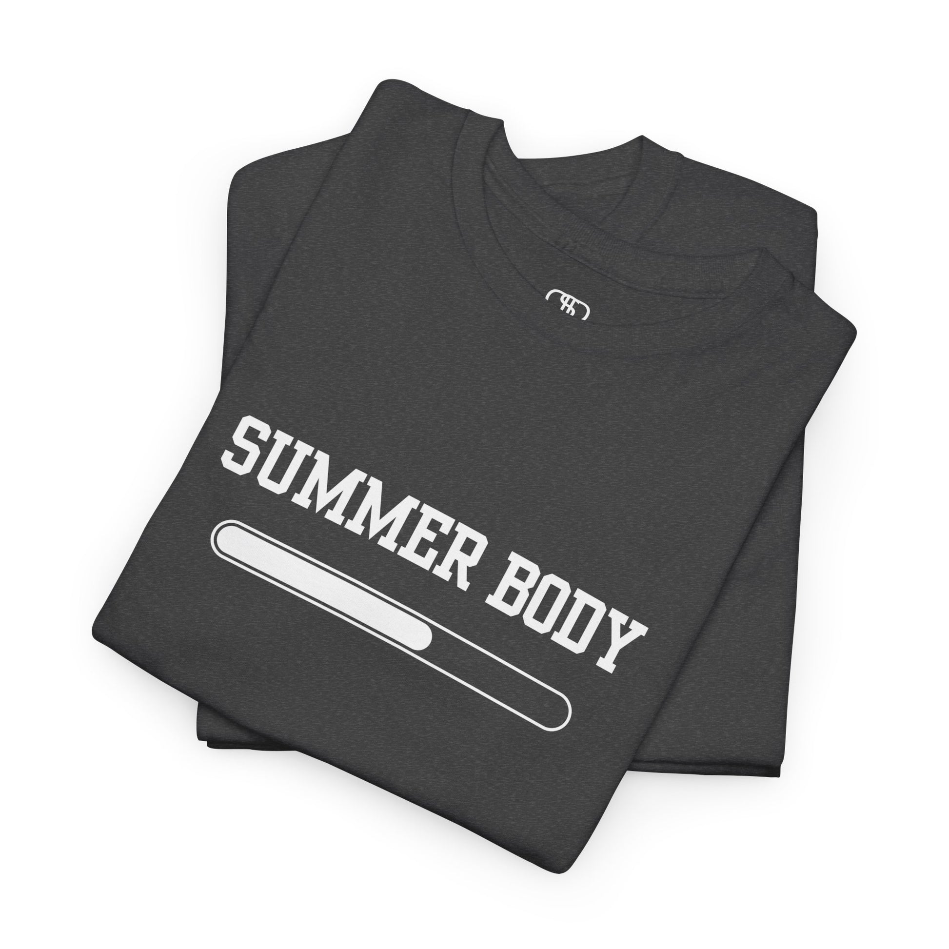 A heather gray folded t-shirt with a loading bar and “Summer Body” on the front and “I left my summer body at home I prefer not to show off” on the back.