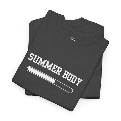A heather gray folded t-shirt with a loading bar and “Summer Body” on the front and “I left my summer body at home I prefer not to show off” on the back.