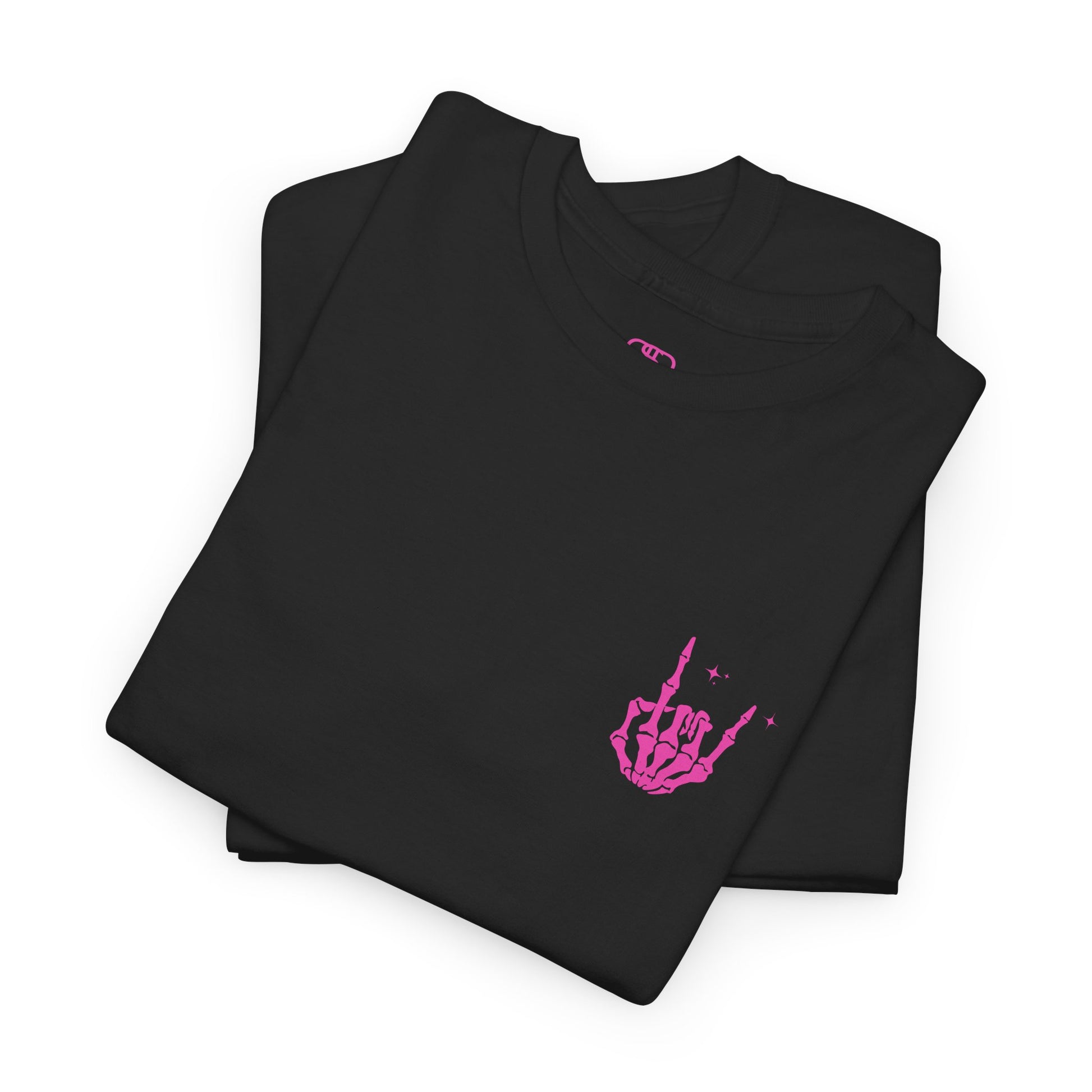 A folded black t-shirt with a skeletal rock hand on the front and a melting emoji with the phrase “I match energy So ho we gon’ Act Today?” on the back.