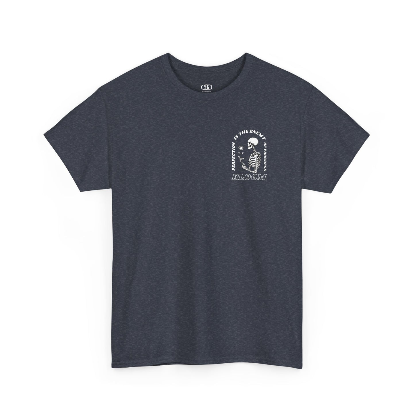 A [Navy] t-shirt with a central skeleton and rose design and the words “Perfection is the enemy of progress” and “Bloom” on the front.
