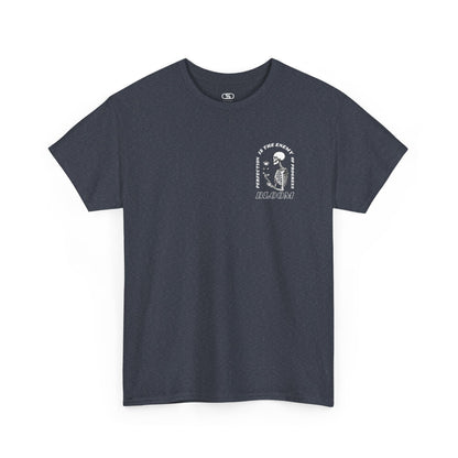 A [Navy] t-shirt with a central skeleton and rose design and the words “Perfection is the enemy of progress” and “Bloom” on the front.