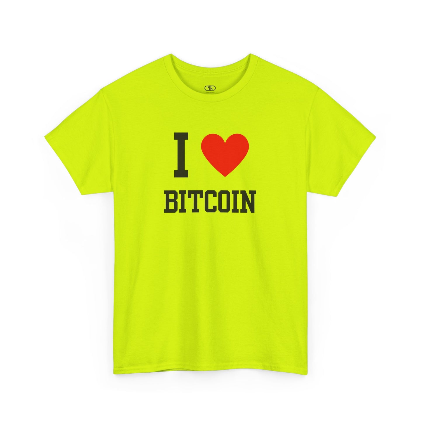 A classic t-shirt design showing the text "I," love ( with a heart) graphic, and the word "Bitcoin" in a bold font.