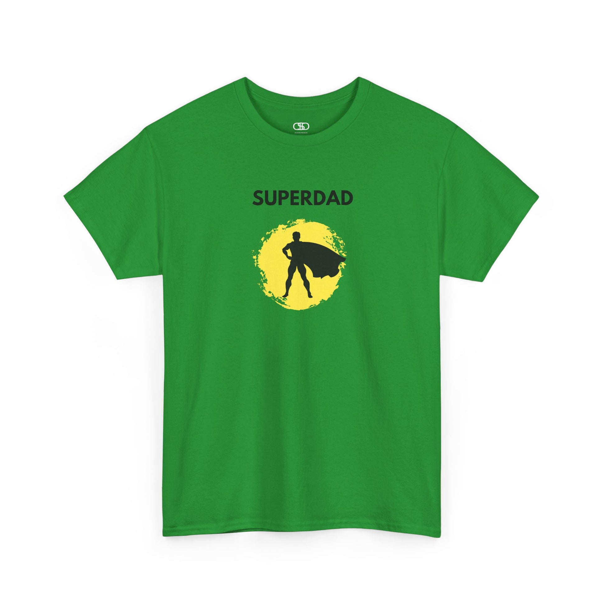AN IRISH GREEN T-shirt with a "Superdad" text and a silhouette of a person with a cape on a yellow circle background.