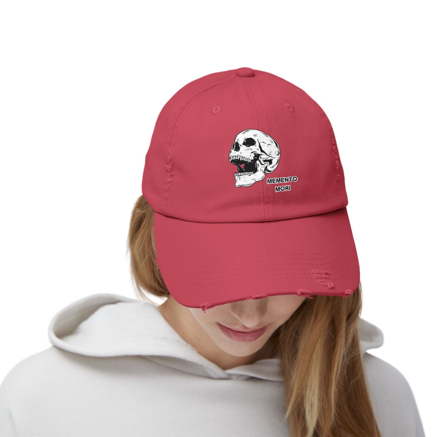 Memento Mori Distressed Hat – Skull Embroidered Cap with Gothic Flair