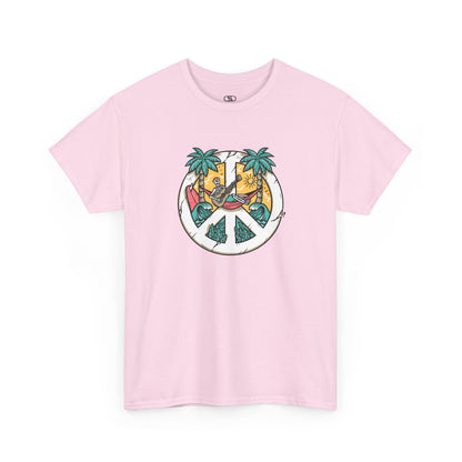T-shirt showing a skeleton with a peace sign head, lying in a hammock playing a guitar between two palm trees with waves in the background.
