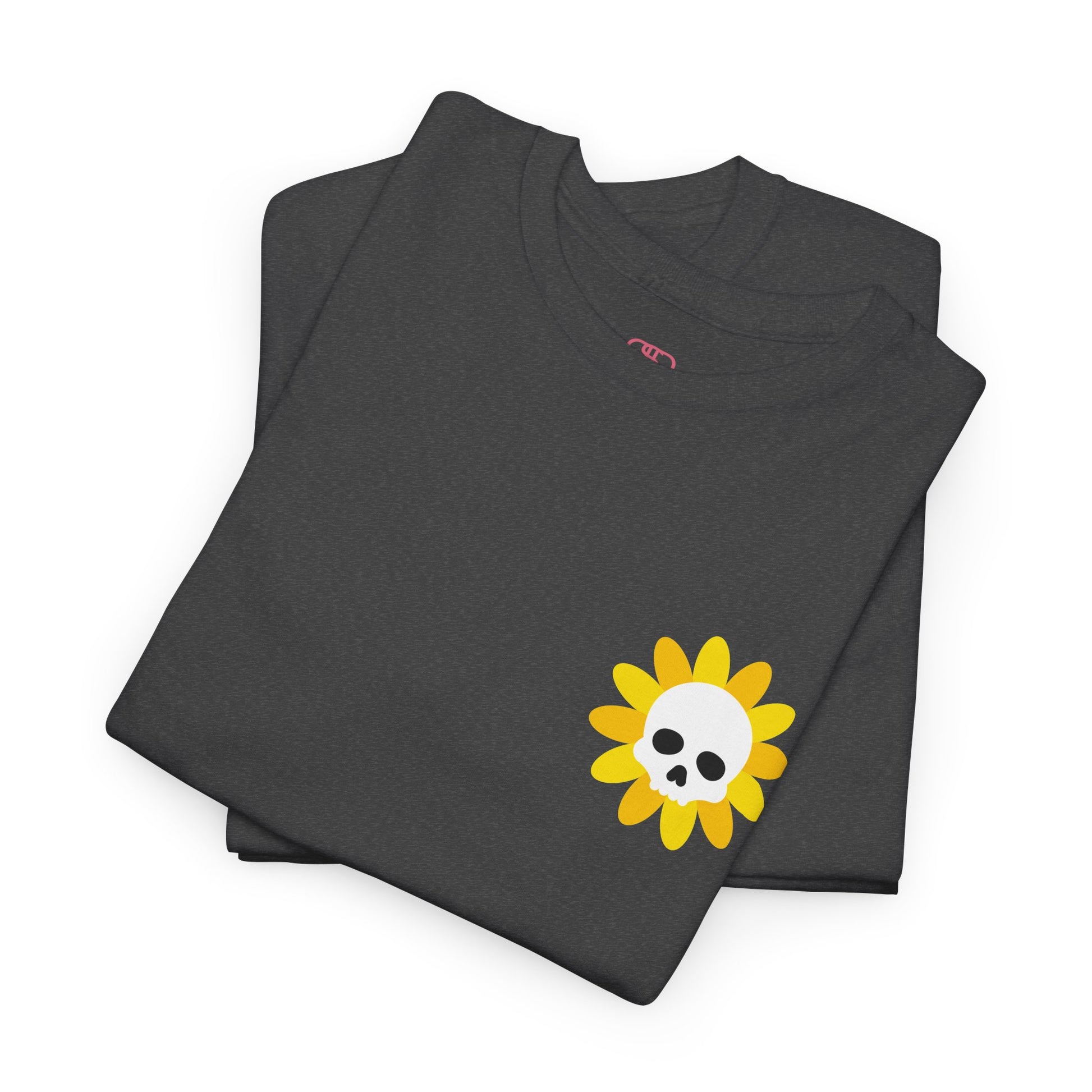 A [folded dark heather] t-shirt featuring a sunflower with a skull at its center on the front and the words “i COULD DEADLIFT YOU” in a retro font on the back.
